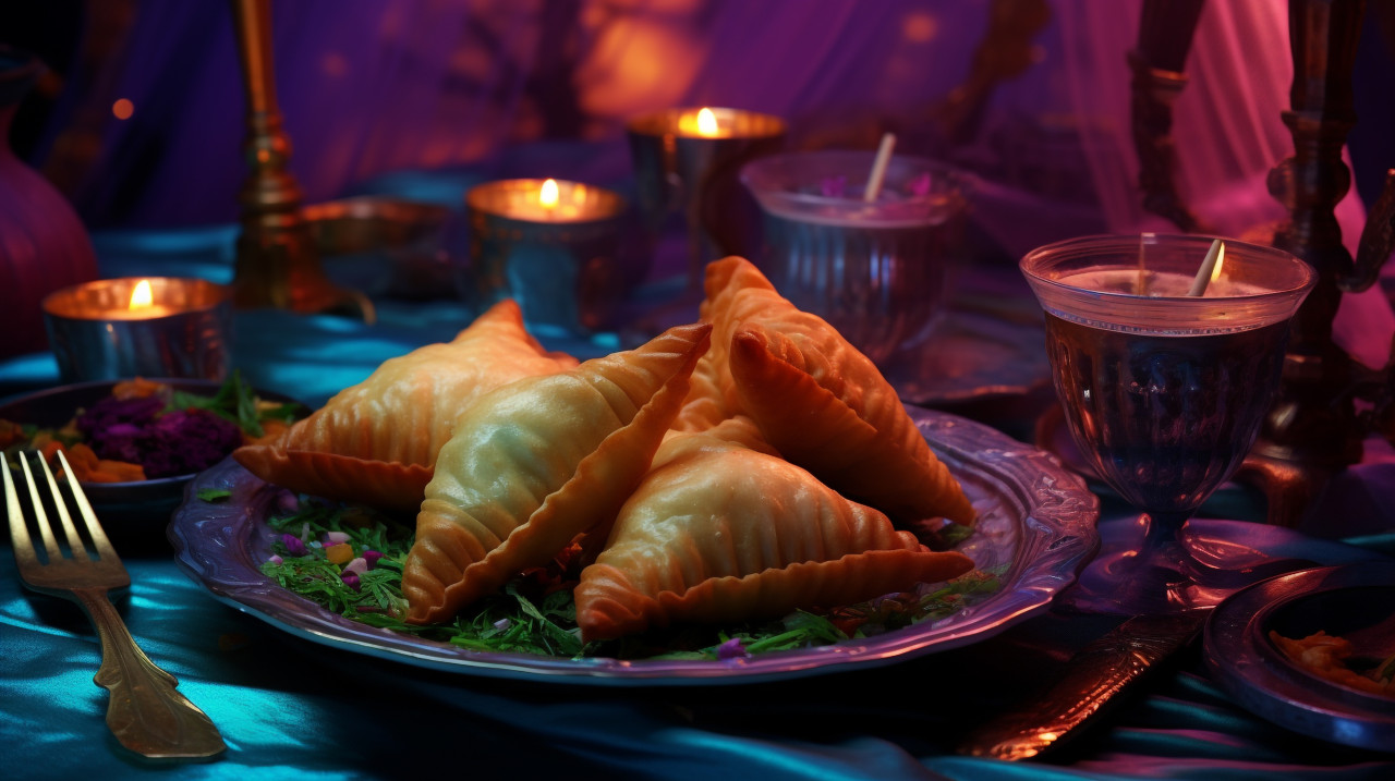 Methi samosa curry, diwali festival stock image, diwali festival ai prompt