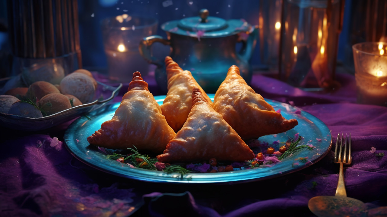 Samosa curry stuffed with methi leaves, diwali festival stock image, diwali festival ai prompt