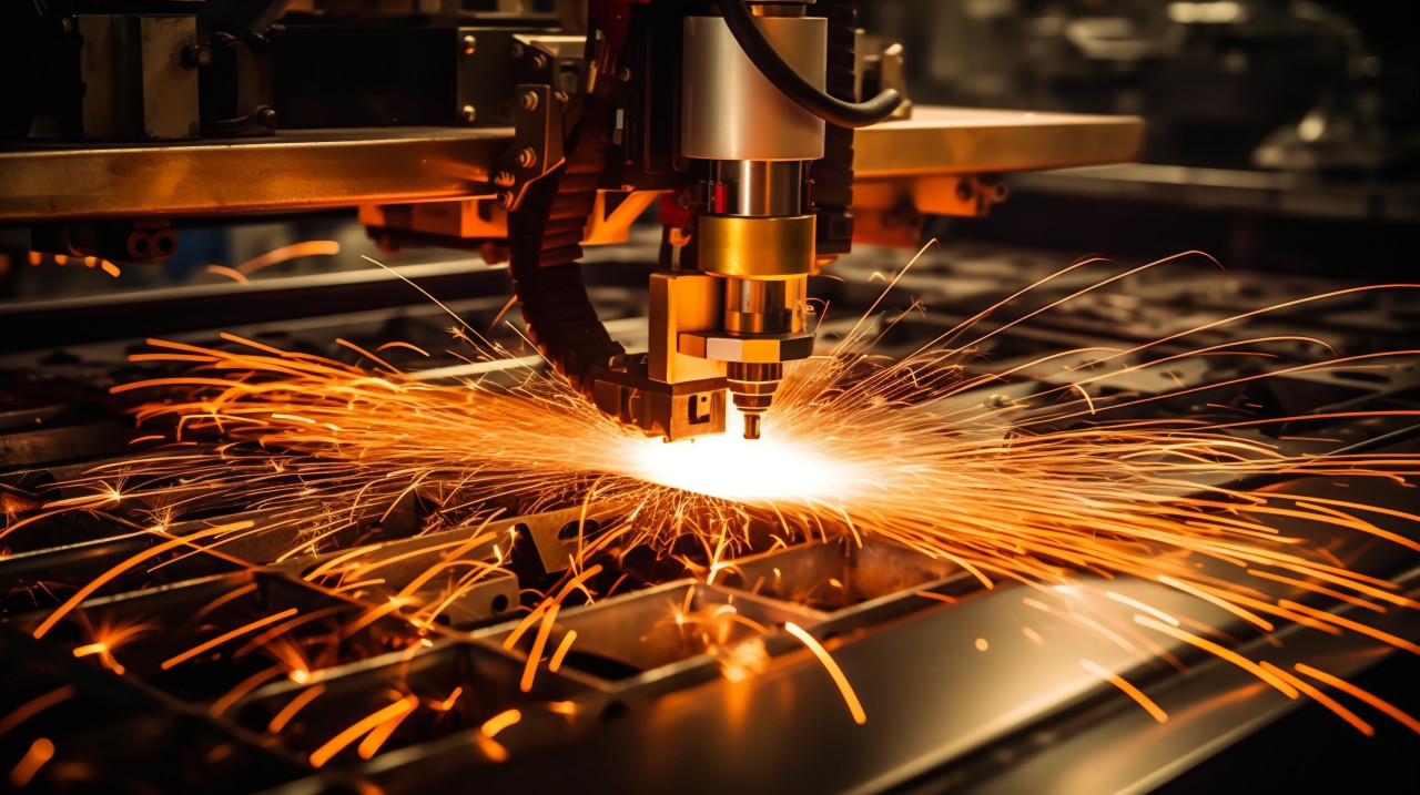 A close-up of a laser cutting through a piece of metal with the sparks flying off in a dramatic fashion, industrial machinery stock images ai, midjourney prompt ideas