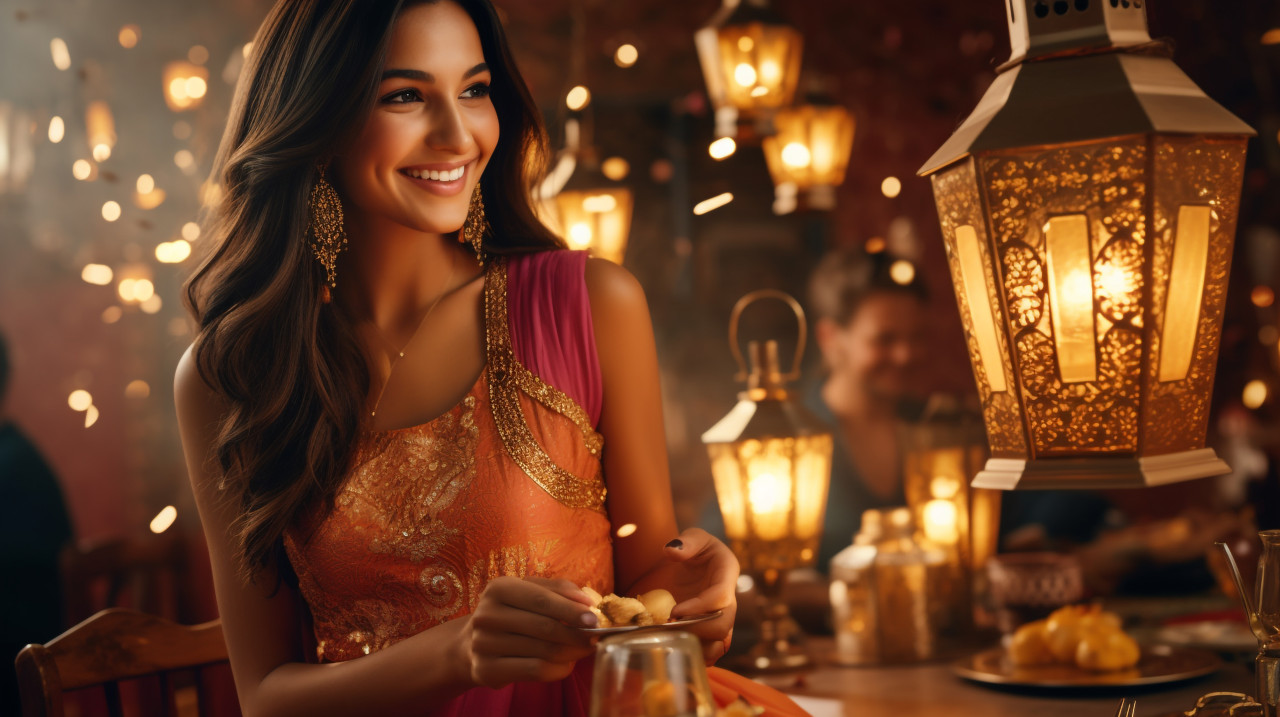Family celebrating diwali with lanterns, diwali festival stock image, diwali festival ai prompt