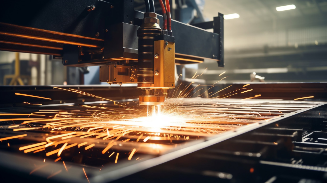 Laser cutting metal with ignited sparks, industrial machinery stock images ai, midjourney prompt ideas