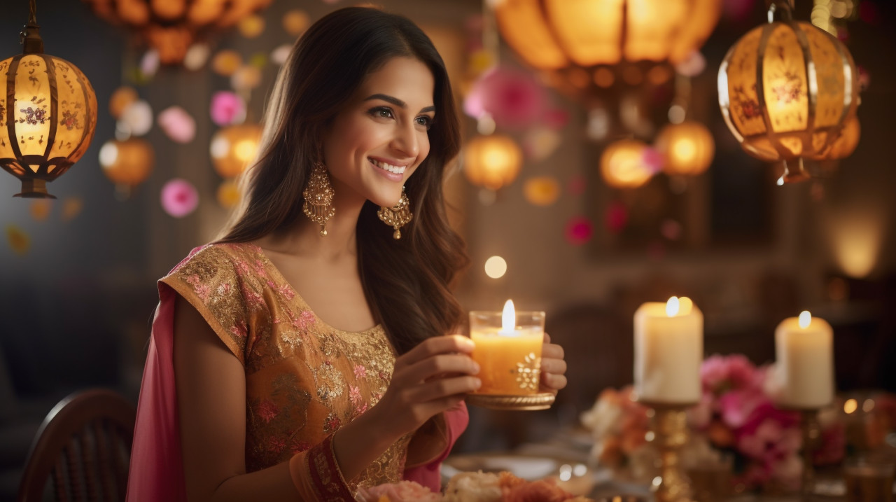 Woman holding diwali lantern, diwali festival stock image, diwali festival ai prompt