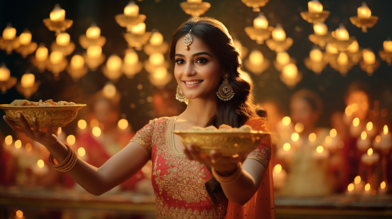 An indian woman holding up diyas, diwali festival stock image, diwali festival ai prompt