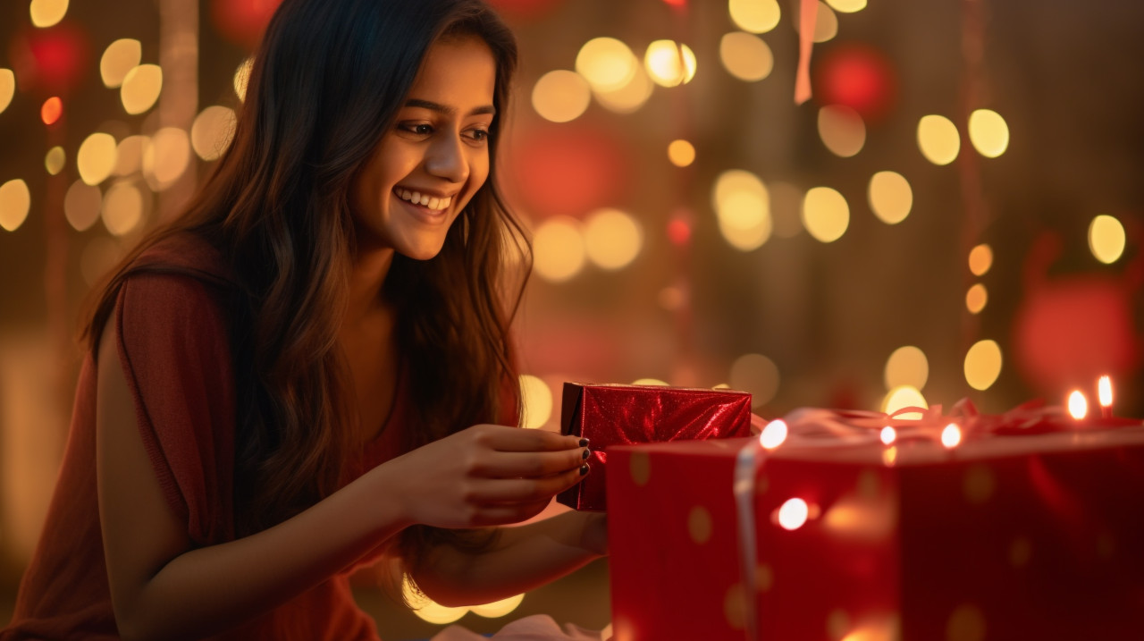A beautiful young woman smiling and looking at her gift box, diwali festival stock image, diwali festival ai prompt