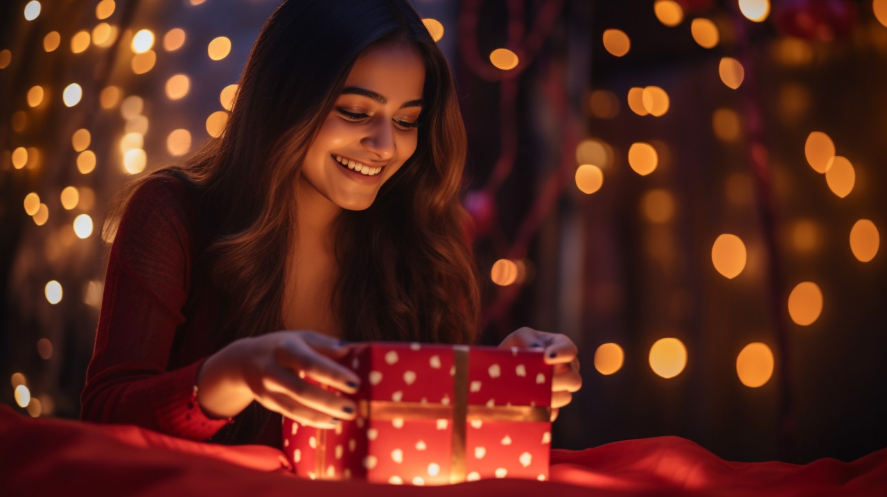 Smiling woman holding gift box, diwali festival stock image, diwali festival ai prompt