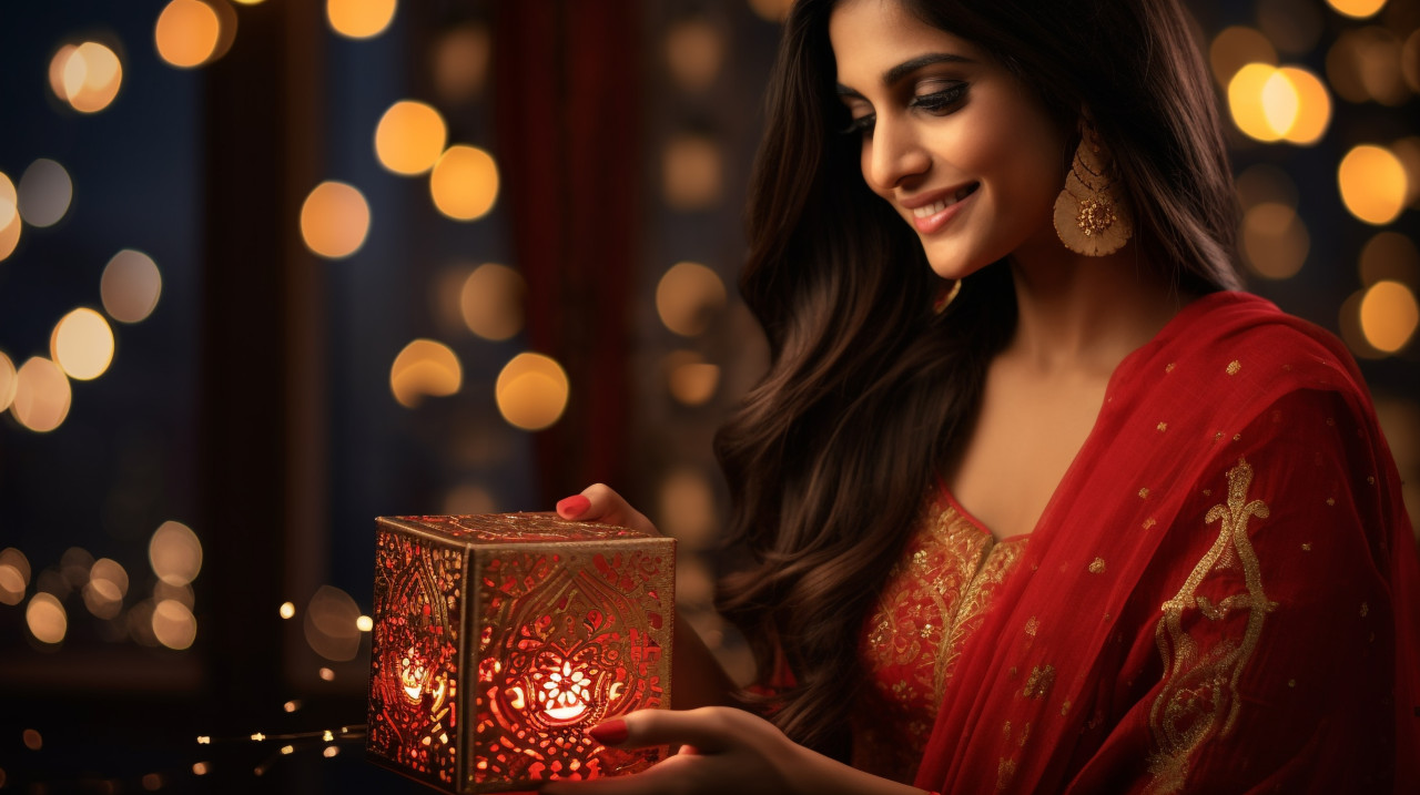 Gift box with lights in womans hands, diwali festival stock image, diwali festival ai prompt
