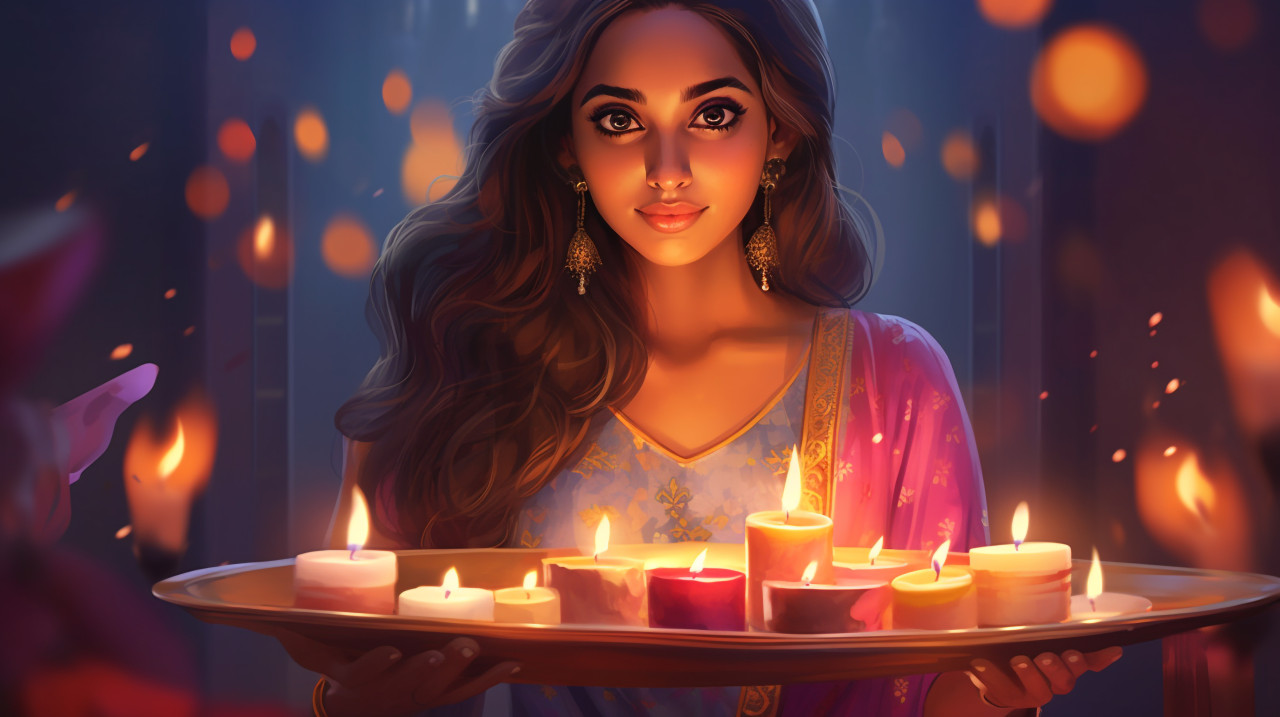 A woman holding candle on a plate and lights around, diwali festival stock image, diwali festival ai prompt