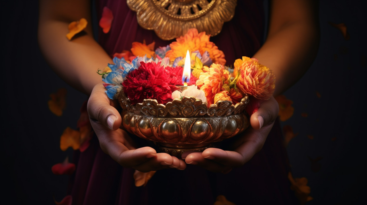 Hands holding a candle and flowers lit with adornments, diwali festival stock image, diwali festival ai prompt