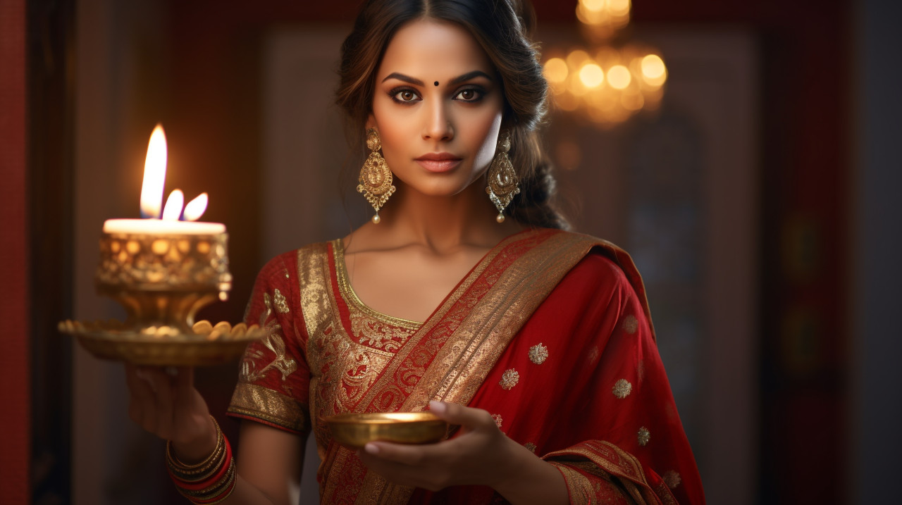 A lady dressed up in a red sari holding a lit lamp, diwali festival stock image, diwali festival ai prompt