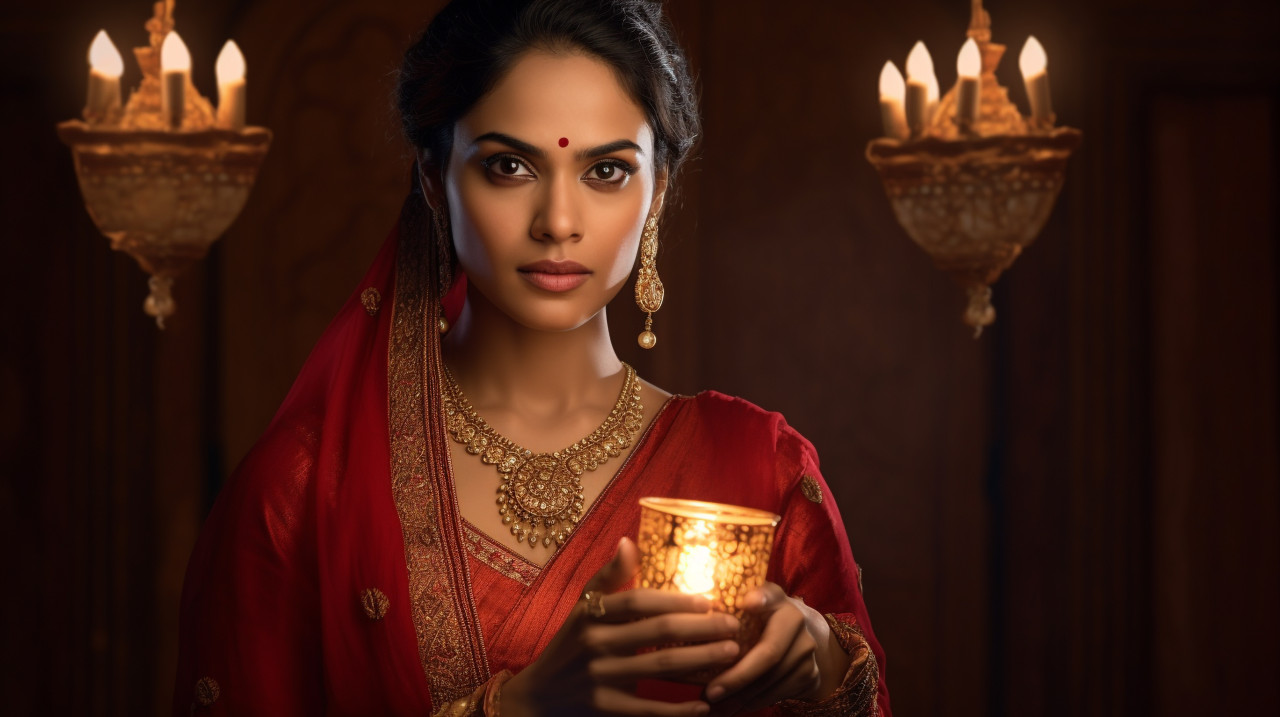 Red sari and lit lamp, diwali festival stock image, diwali festival ai prompt