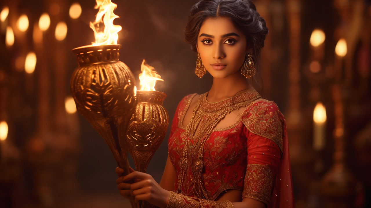 A young lady holding a torch in front of a lamp, diwali festival stock image, diwali festival ai prompt