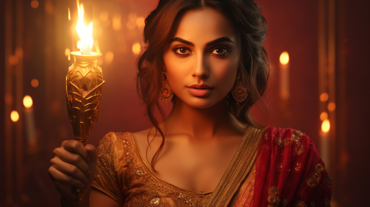 Lady holds torch to light lamp, diwali festival stock image, diwali festival ai prompt