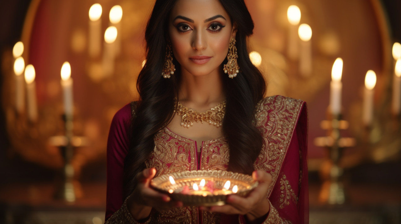 An indian bride holding a gold diwali diya, diwali festival stock image, diwali festival ai prompt