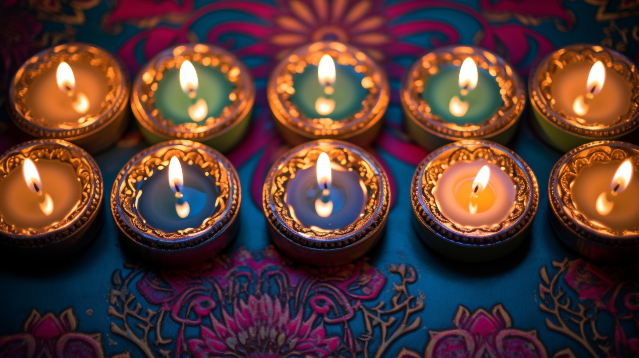 Diwali lights with candles sat on a red pattern, diwali festival stock image, diwali festival ai prompt