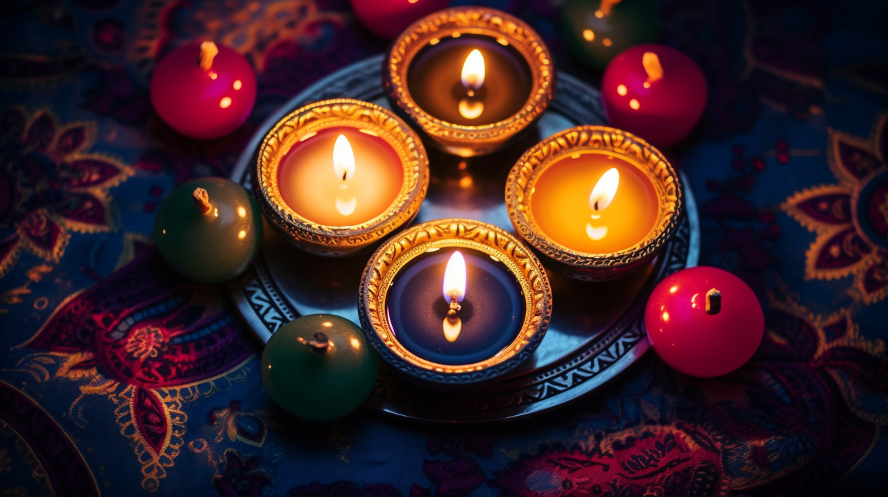 Red pattern with diwali lights and candles, diwali festival stock image, diwali festival ai prompt