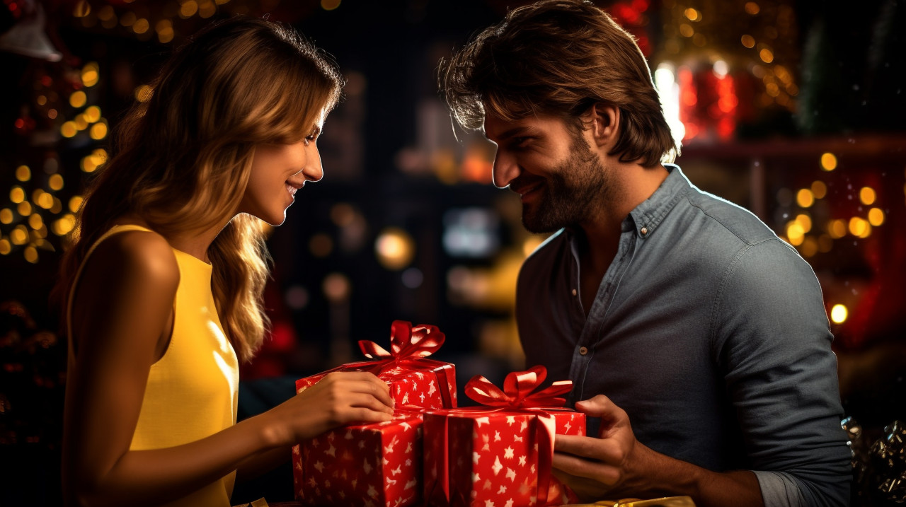 Christmas couple with christmas gifts, christmas stock image ai, christmas stock photos ai