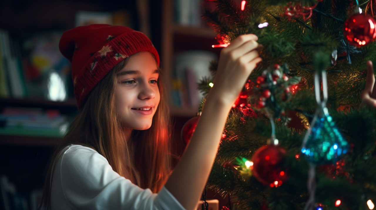 A girl in santa hat decorating the christmas tree, christmas stock image ai, christmas stock photos ai