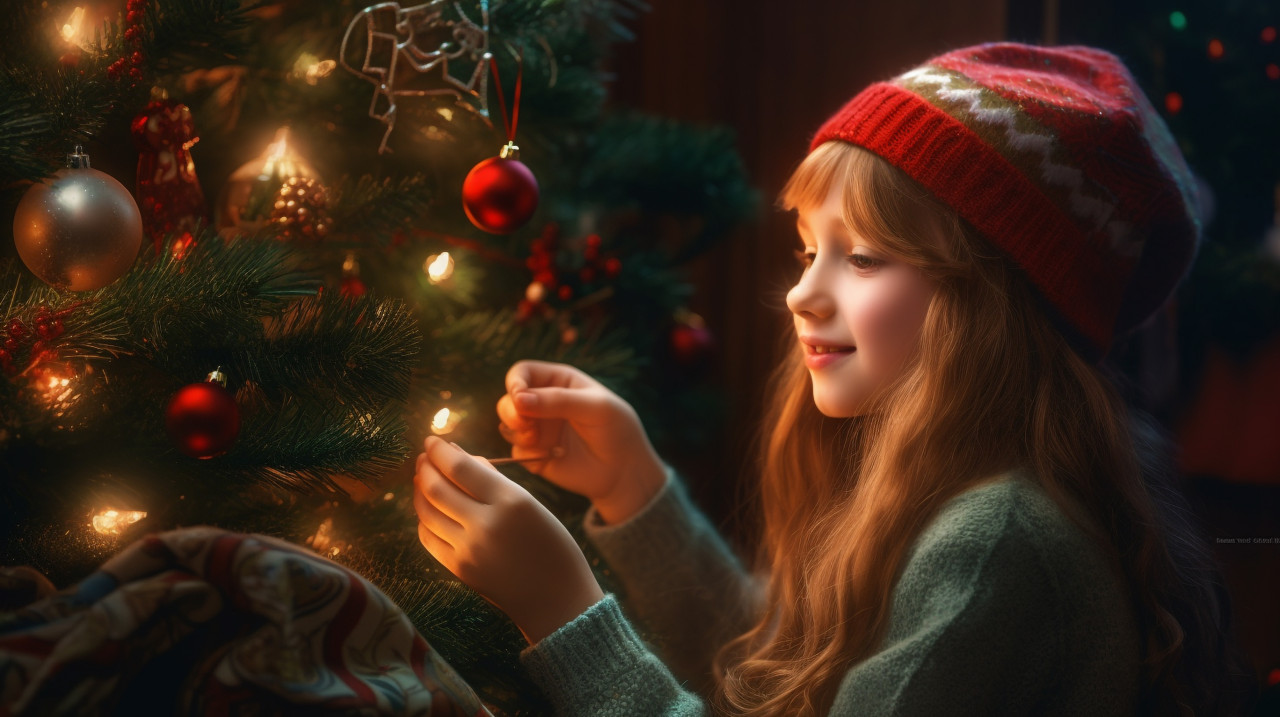 Girl in santa hat decorating christmas tree, christmas stock image ai, christmas stock photos ai
