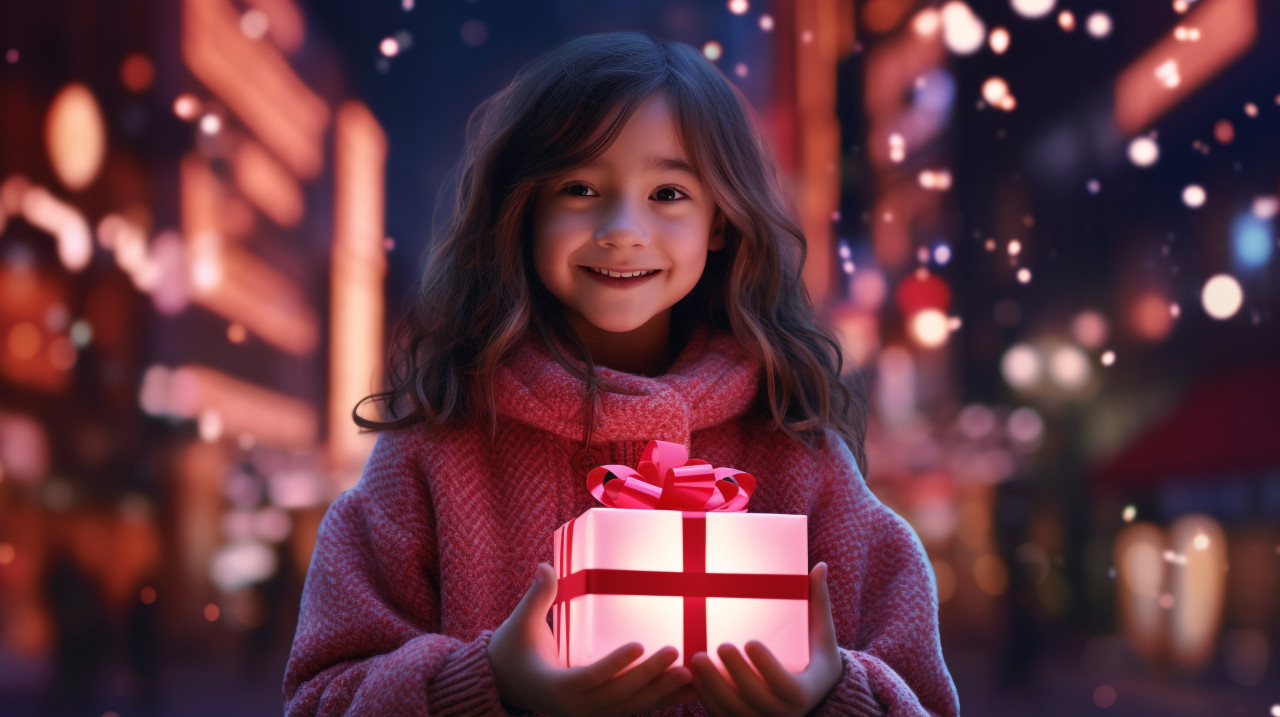 A young girl holds a present box outdoors in a christmas light show, christmas stock image ai, christmas stock photos ai