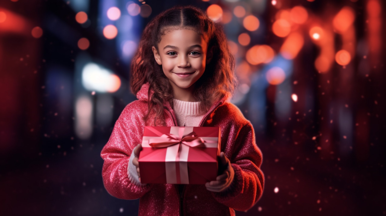 Young girl with christmas gift box, christmas stock image ai, christmas stock photos ai