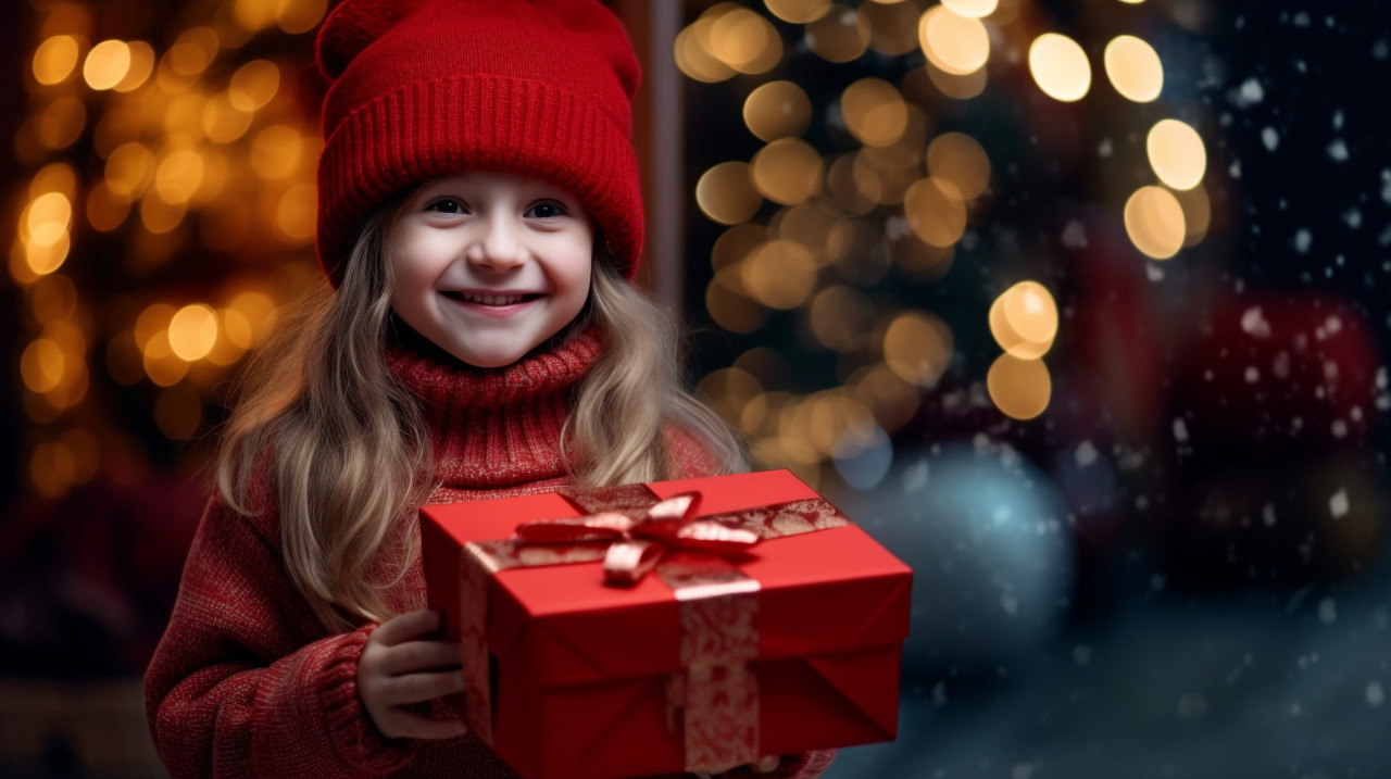 Little girl holds a present box while smiling, christmas stock image ai, christmas stock photos ai
