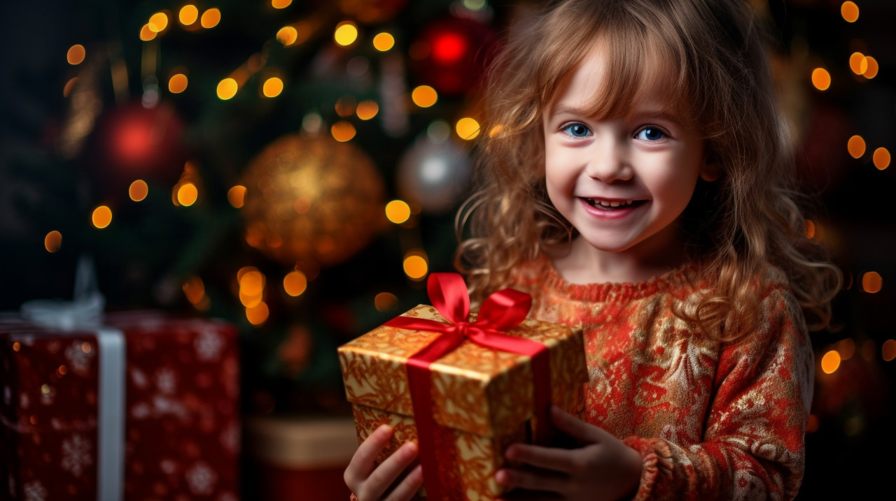 Little girl holds gift box, christmas stock image ai, christmas stock photos ai