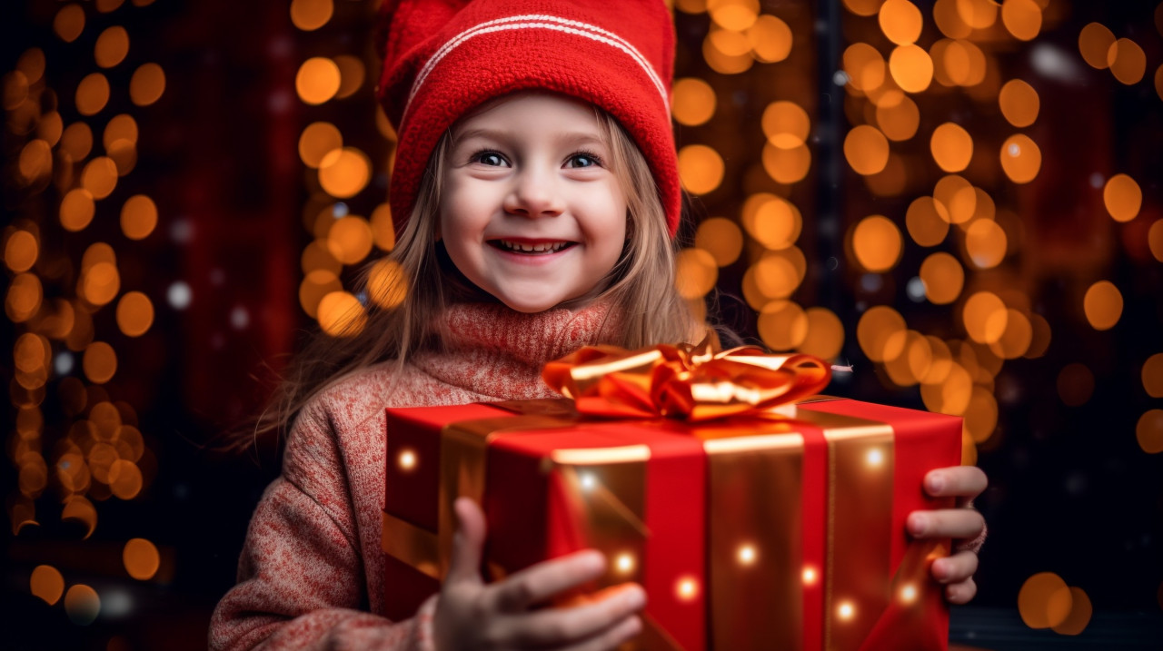 Little girl holds gift box, christmas stock image ai, christmas stock photos ai