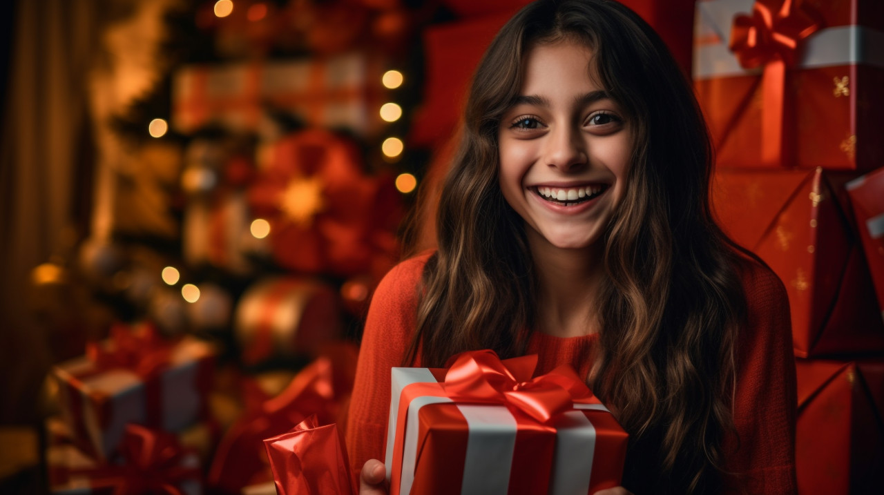 Happy girl smiling from the camera holding presents, christmas stock image ai, christmas stock photos ai