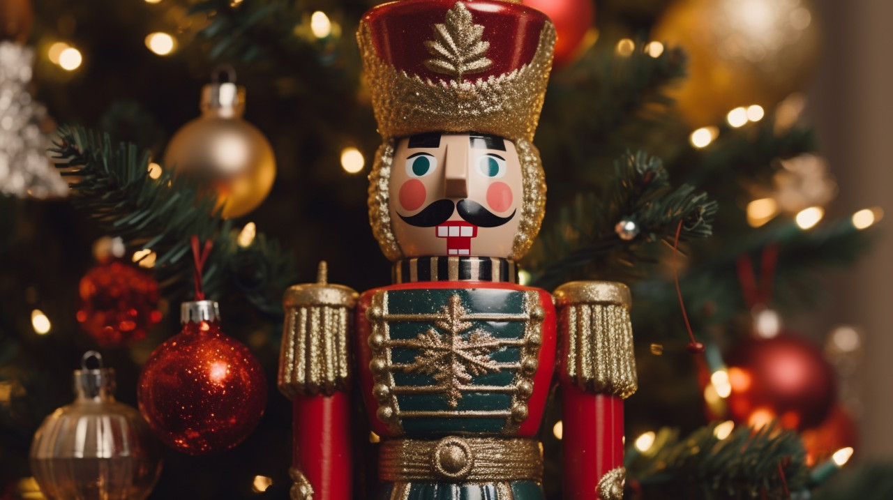 A close up of a toy soldier with its eyes twinkling in the light of a christmas tree, christmas stock image ai, christmas stock photos ai