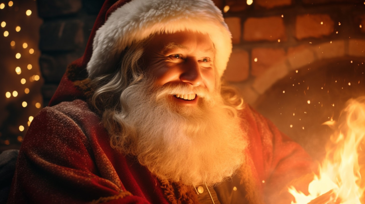 A portrait of santa with his beard glowing in the light of a fire, christmas stock image ai, christmas stock photos ai