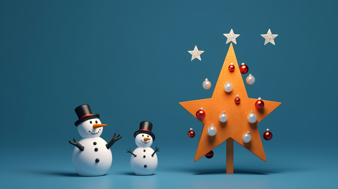 Christmas snowmen next to a christmas tree on a blue background, christmas stock image ai, christmas stock photos ai