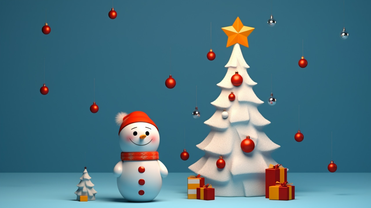 Christmas snowmen by the tree, christmas stock image ai, christmas stock photos ai