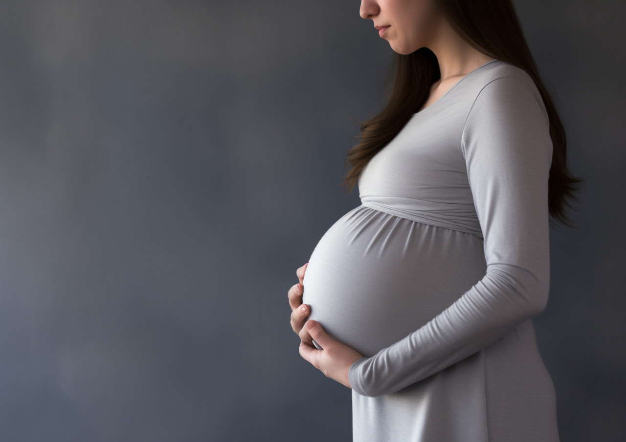 A woman is holding a pregnant belly on a gray background, pregnant women pictures, maternity photos