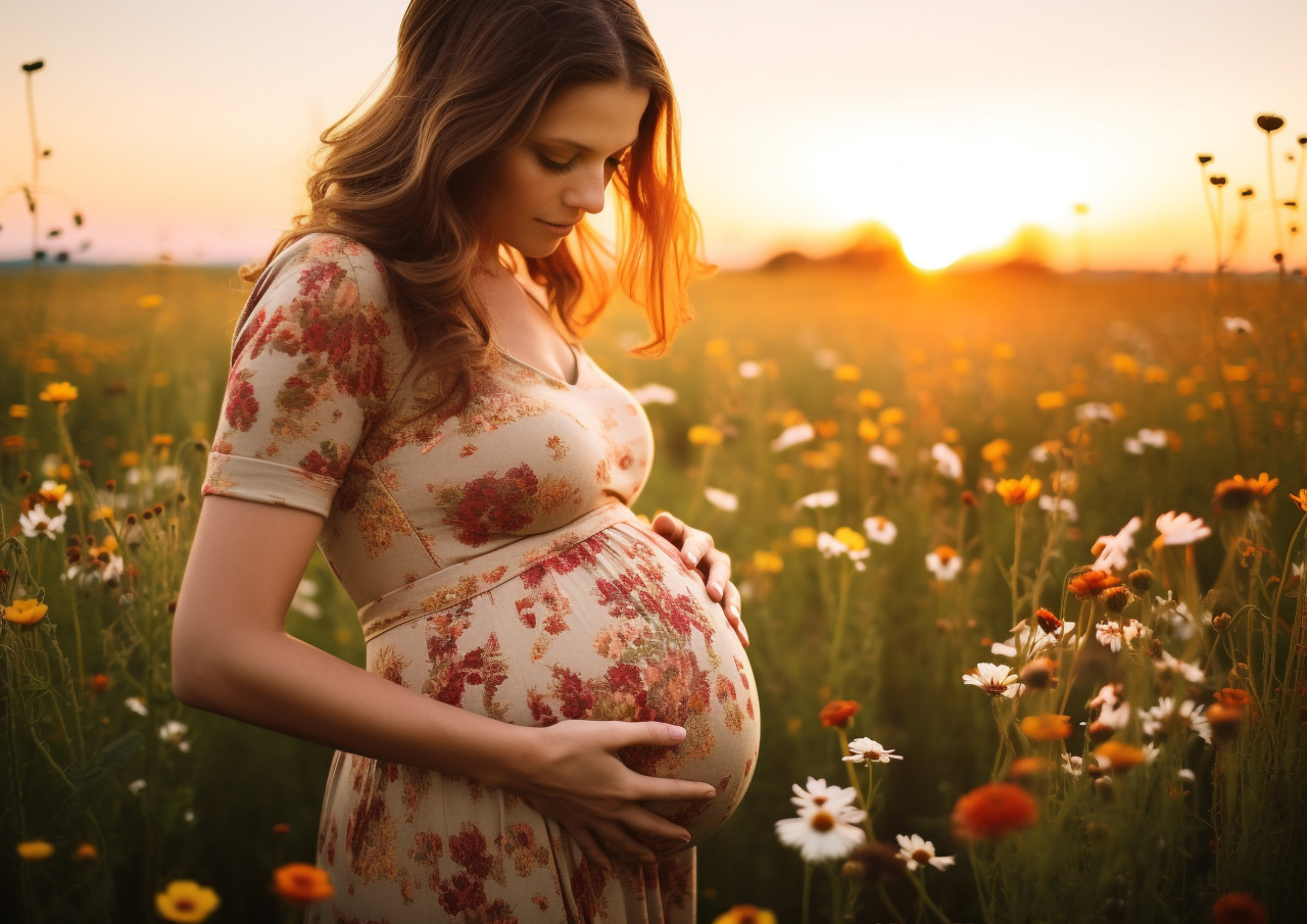 A pregnant woman standing in a field of flowers, pregnant women pictures, maternity photos