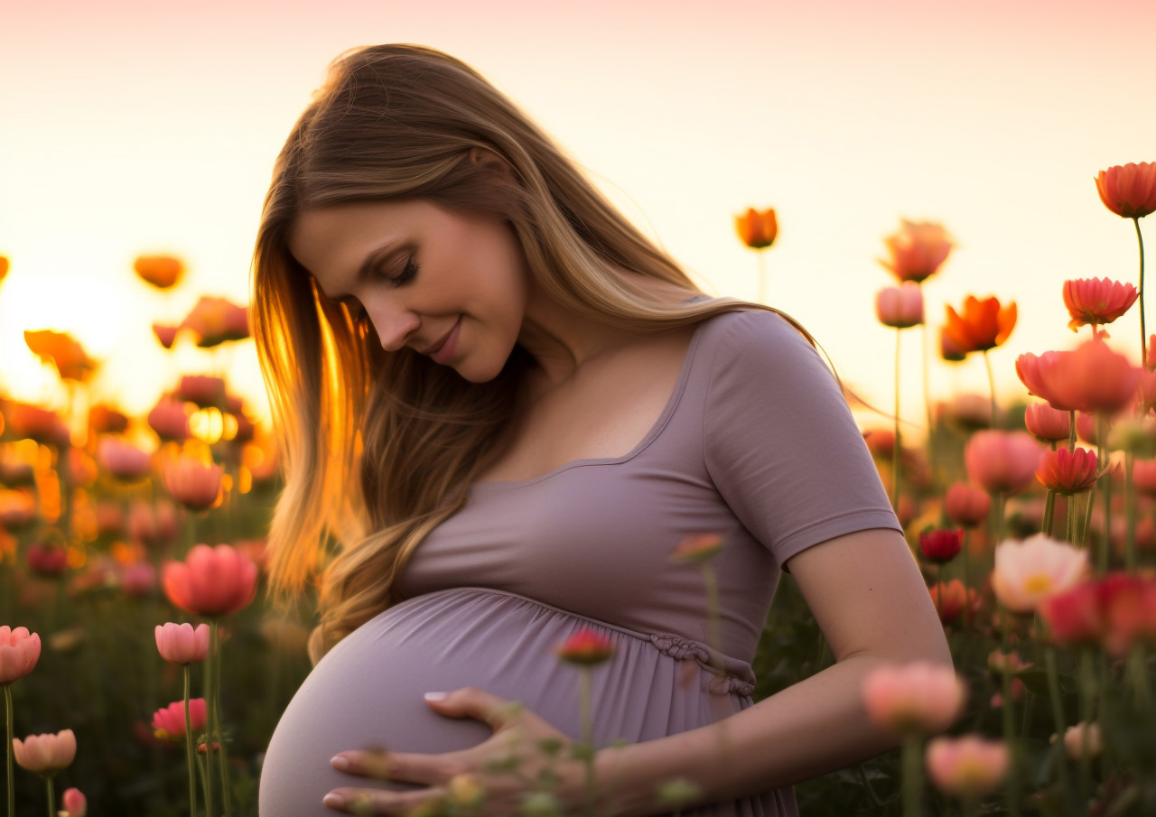 Pregnant woman basks in beauty of flowers, pregnant women pictures, maternity photos