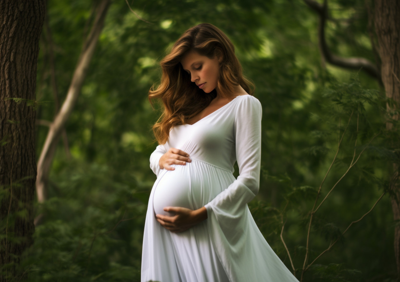 A pregnant woman wearing a flowing white dress, pregnant women pictures, maternity photos