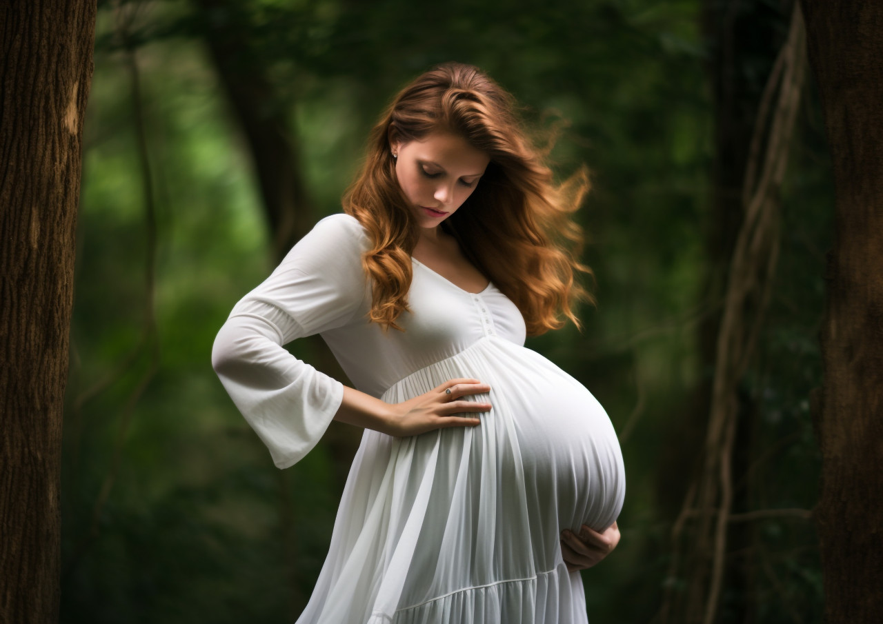 Pregnant woman in flowing white dress, pregnant women pictures, maternity photos