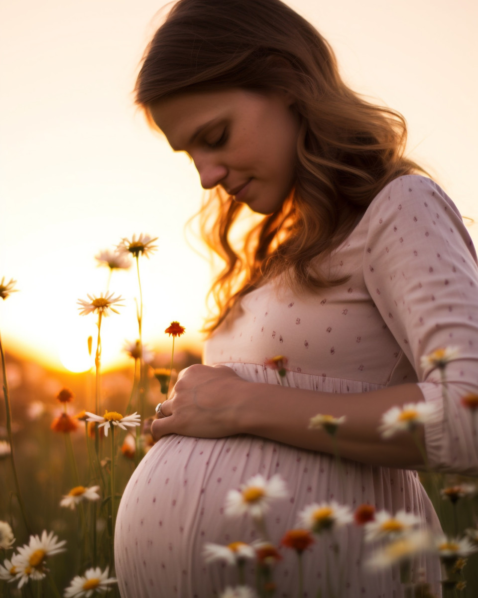 A pregnant woman stands in a field of wildflowers, pregnant women pictures, maternity photos