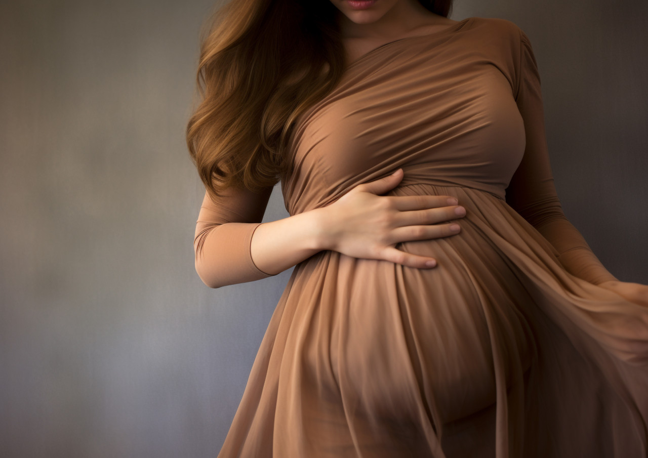 Beautiful pregnant woman in brown dress celebrates her pregnancy, pregnant women pictures, maternity photos