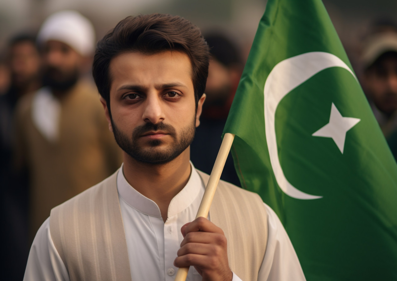 Man poses with an pakistan flag while holding up, pakistan independence day photos