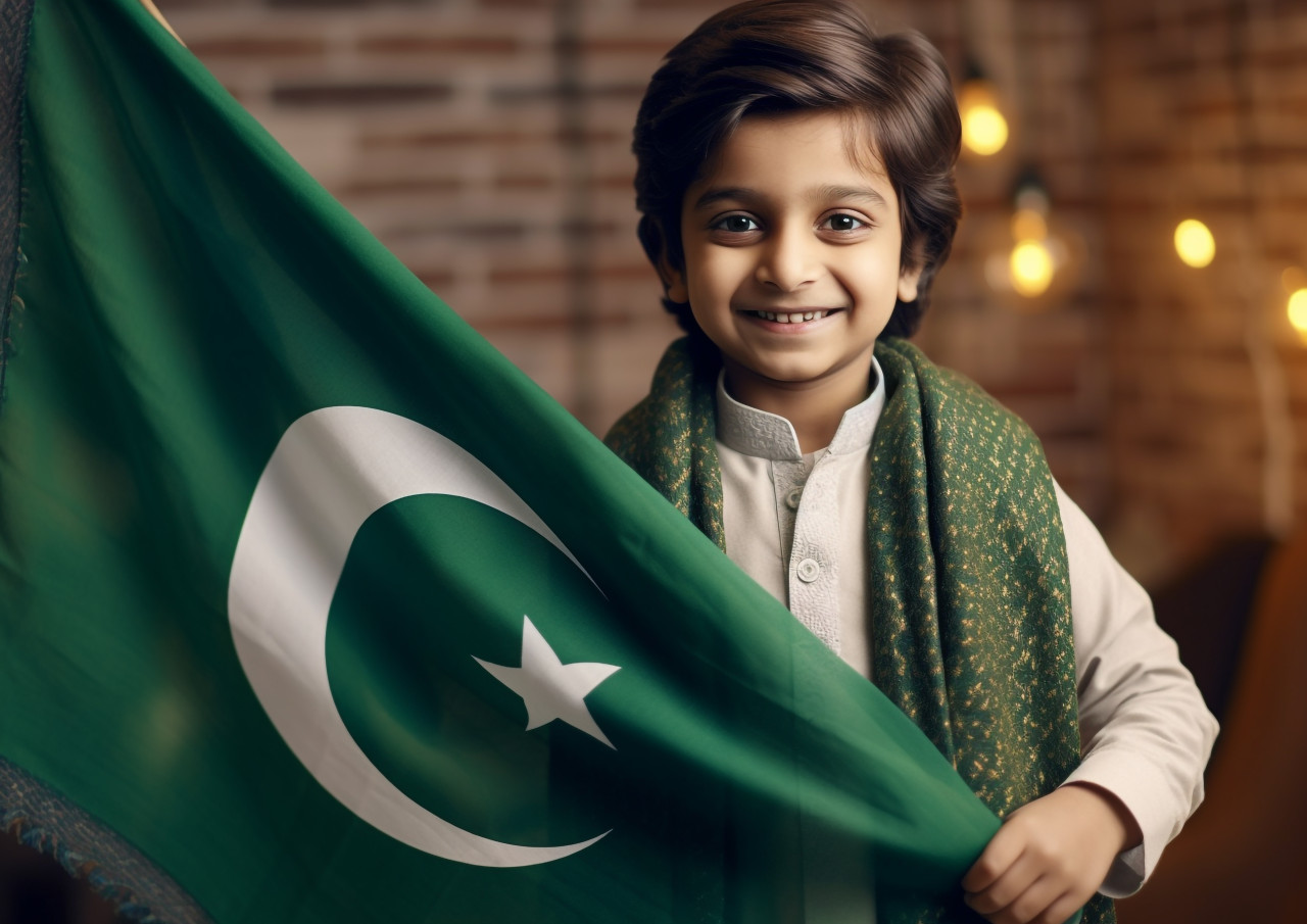 Pakistani man proudly holds flag of pakistan, pakistan independence day photos