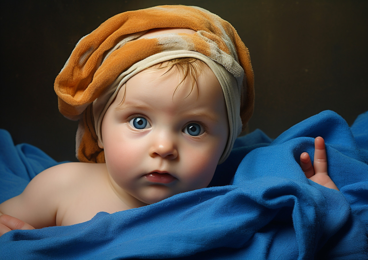 Baby with blue towel, ai baby prompt, baby ai art