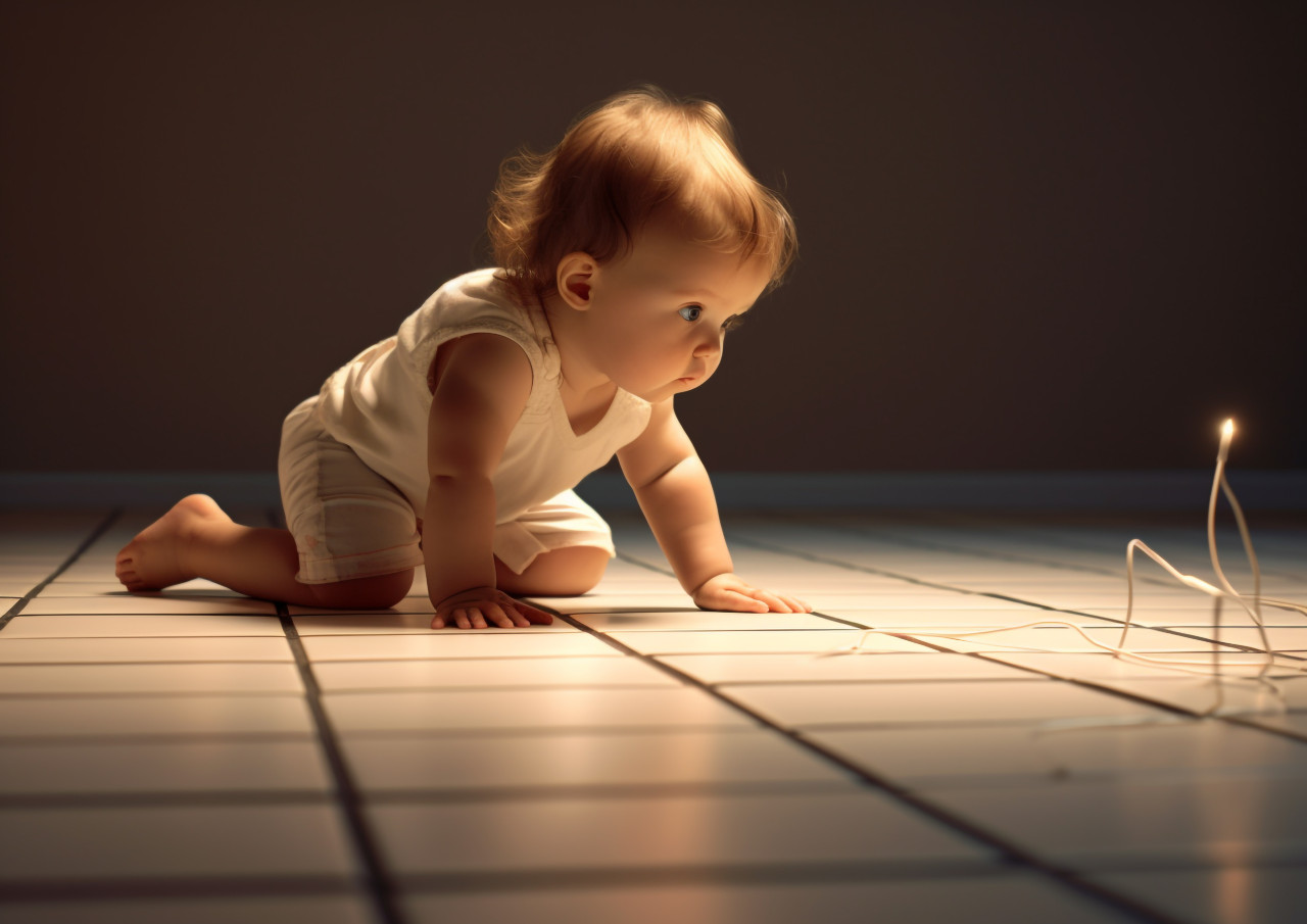A baby girl crawling on a tiled floor, ai baby prompt, baby ai art