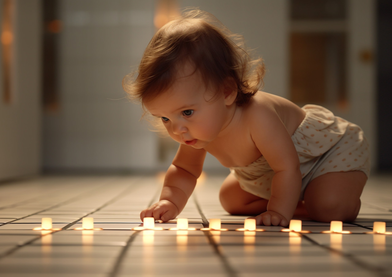 Baby girl crawling on tile floor, ai baby prompt, baby ai art