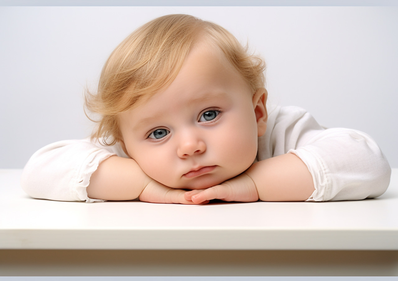 A baby laying on a white table near a white background, ai baby prompt, baby ai art