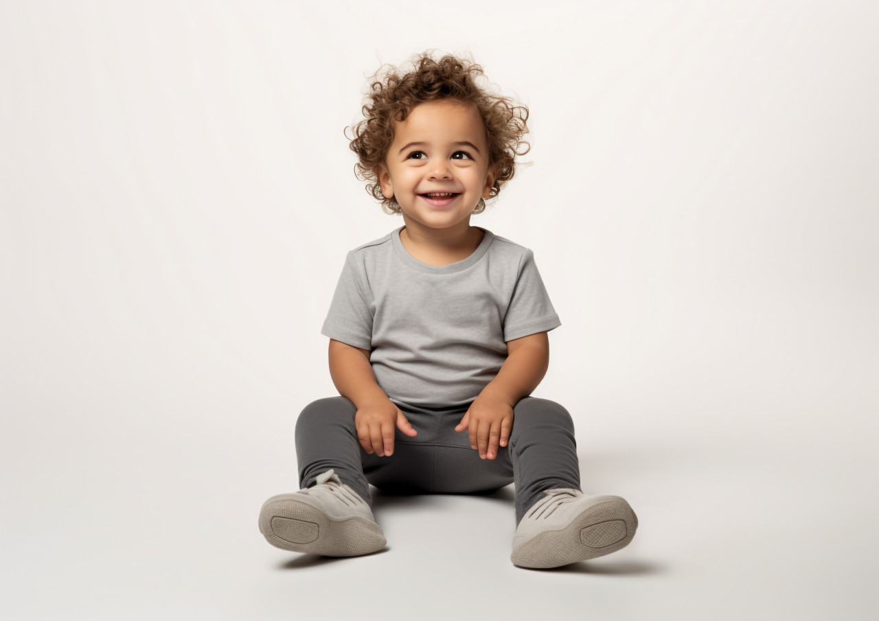 Baby is sitting down wearing a grey shirt and grey pants on white background, ai baby prompt, baby ai art