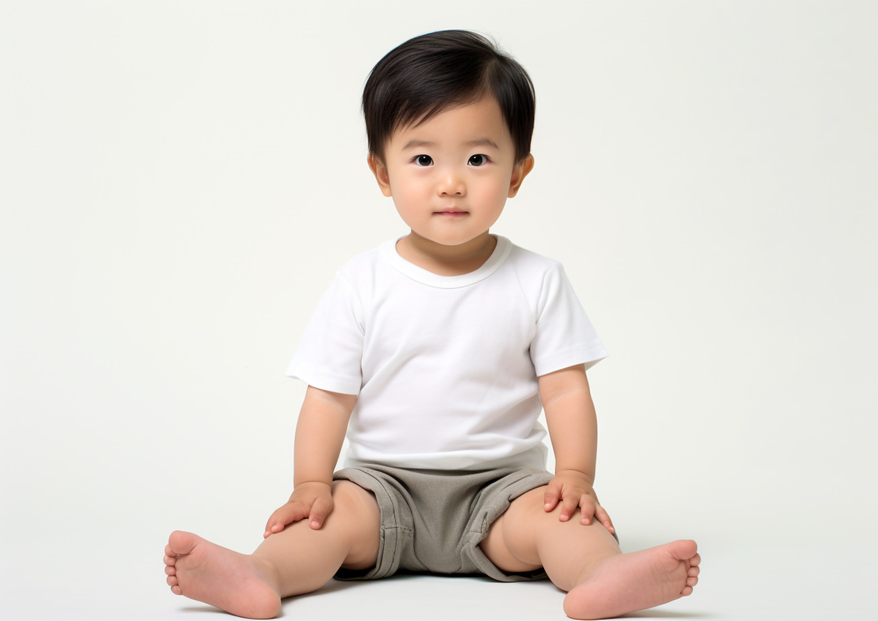 Baby toddler sitting in a white shirt on white background, ai baby prompt, baby ai art