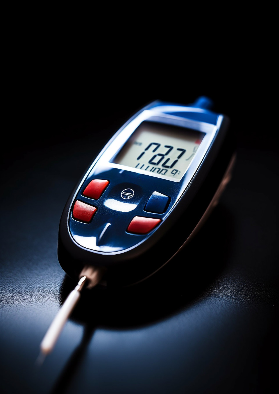 A close-up of a glucometer with a single drop, diabetes concept