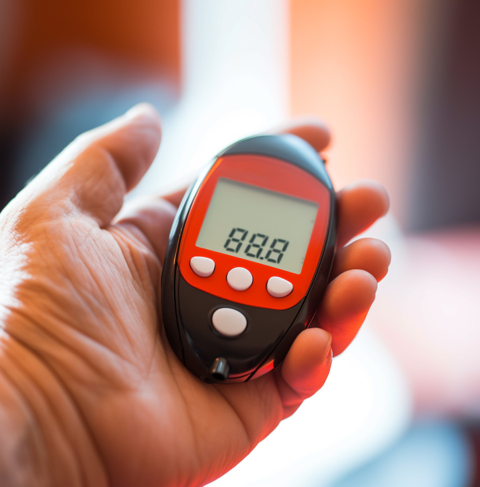 A close-up of a persons hand holding a glucose meter, diabetes concept