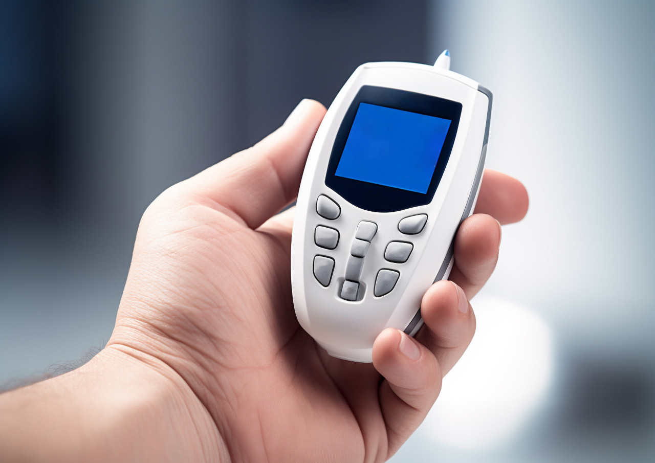 Diabetic hand holding a medical glucometer, diabetes concept